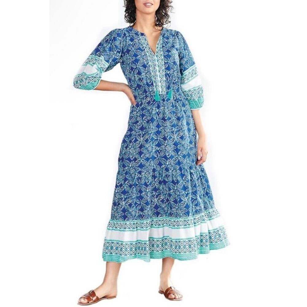 Hatley Blue Boho Midi Maxi Dress Flowy Tiered Tassle Size S Cottage Prairie